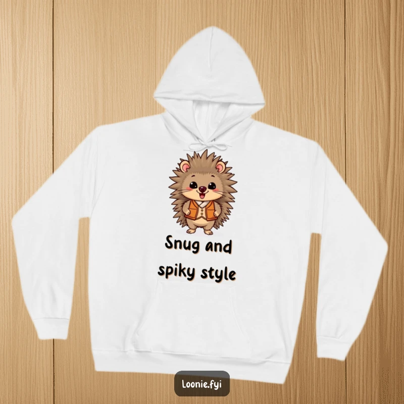 Funny hoodie with a delighted porcupine in a vest, standing proudly, offering a warm and humorous feel, perfect for gifting.
