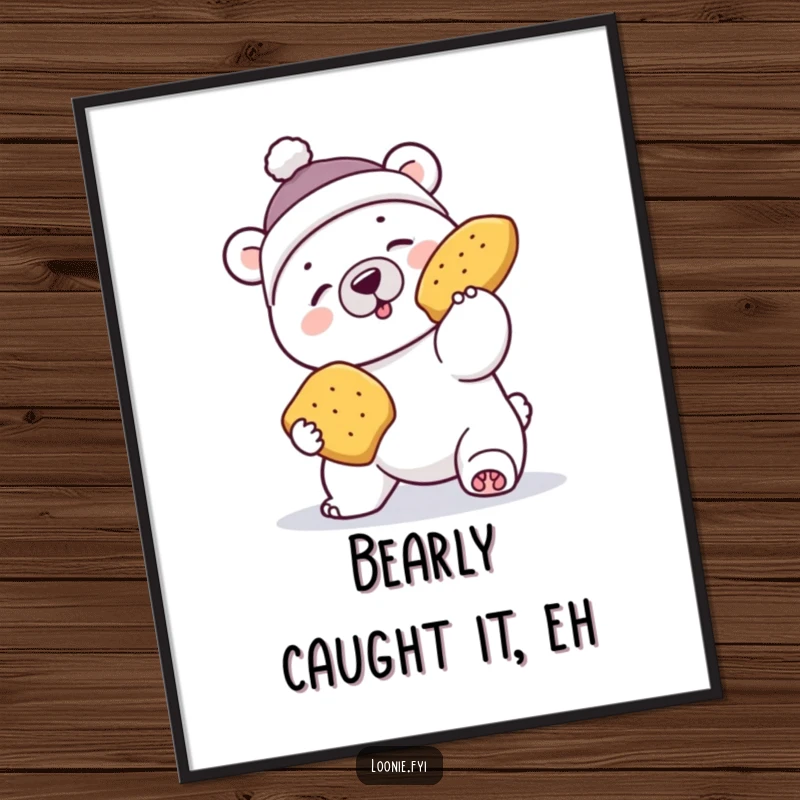 Funny Free Printable Wall Art: Polar bear in toque comically failing to catch flying poutine, a humorous scene.