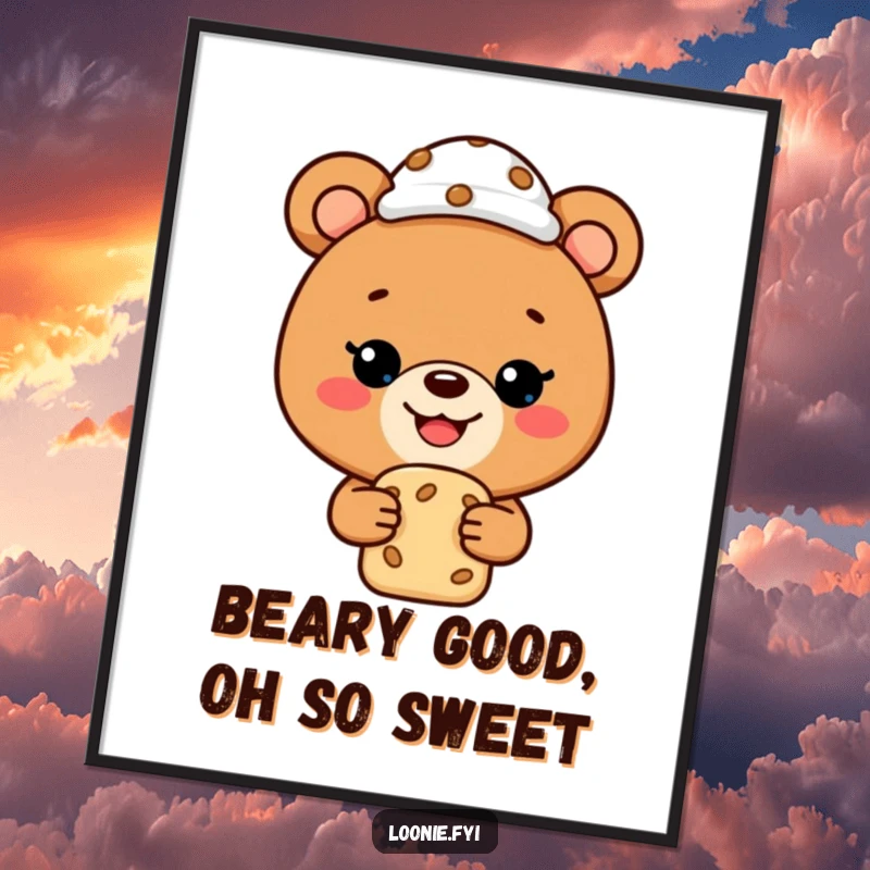Funny Free Printable Wall Art: A happy bear wearing a chef's hat gazes longingly at a cookie, bringing sweet, humorous vibes.