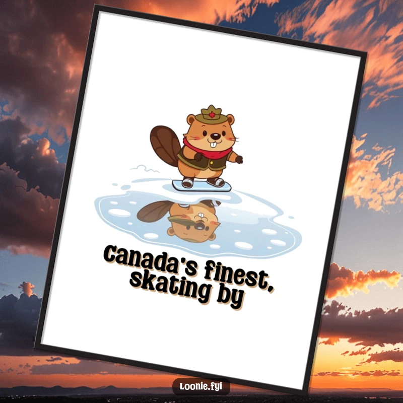 Funny Free Printable Wall Art: A beaver in a Mountie costume hilariously attempting to ice skate using maple syrup.