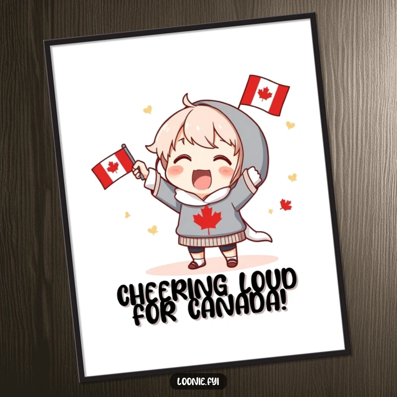 Funny Free Printable Wall Art depicting a character enthusiastically cheering and waving a miniature Canadian flag, embodying humorous patriotic pride and celebration.