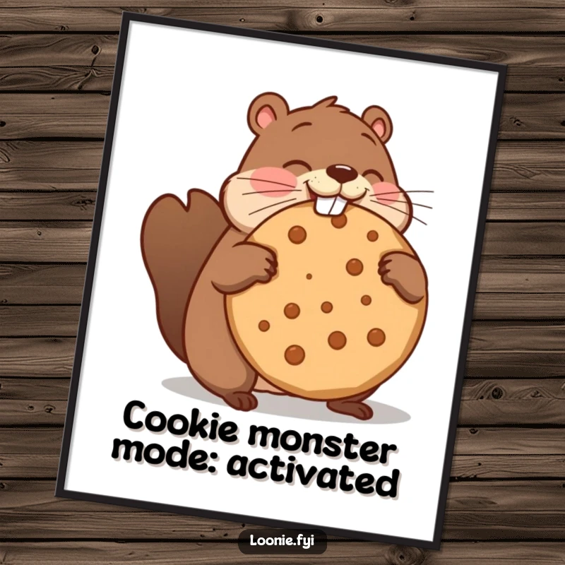 Funny Free Printable Wall Art: Beaver comically attempting to bite a giant maple cookie, humorous downloadable home decor.