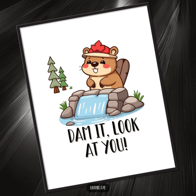 Funny Free Printable Wall Art: A happy beaver wearing a tiny maple leaf hat diligently builds a small dam.