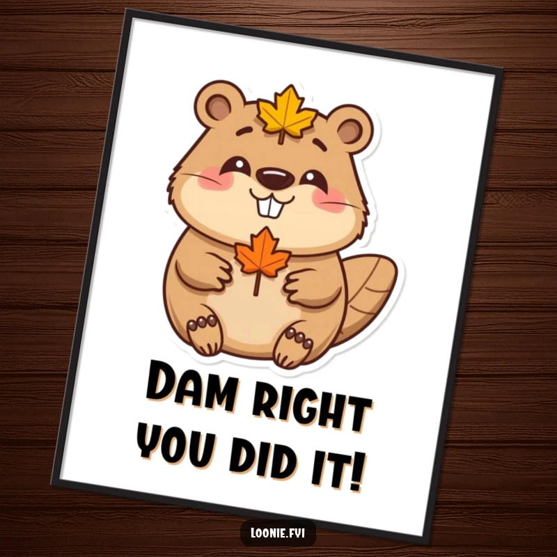 Funny Free Printable Wall Art: A happy beaver wearing a maple leaf, smiling, perfect for quirky home decor.