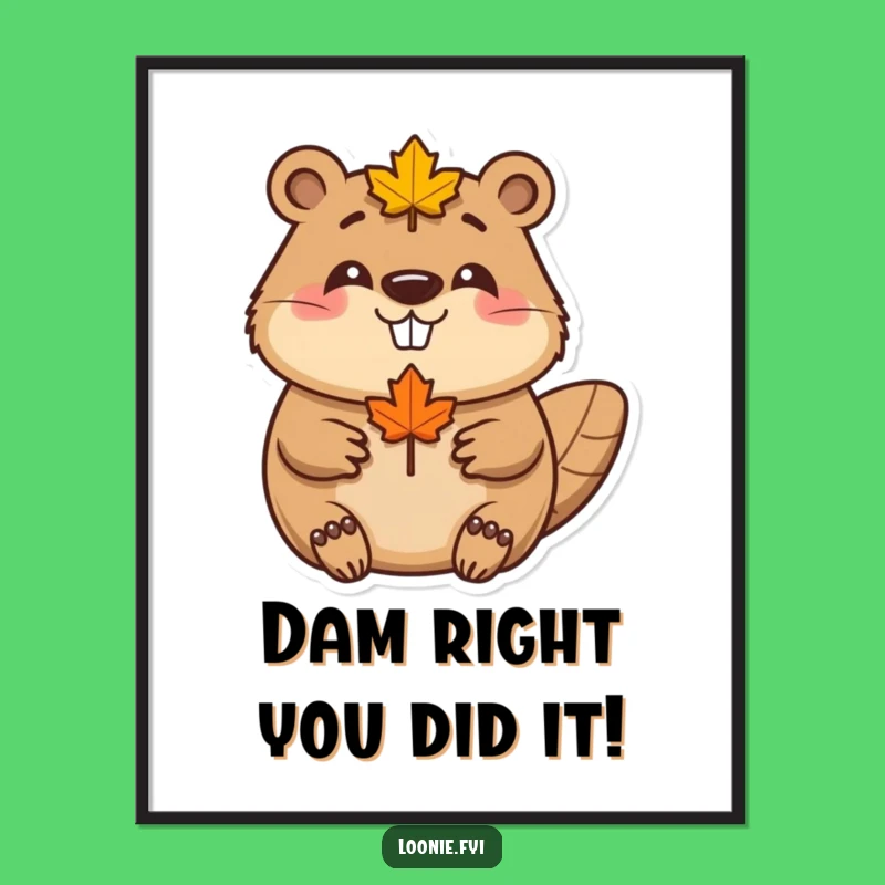 Free Printable Wall Art: Happy Beaver Maple Leaf - Funny Downloadable Home Decor