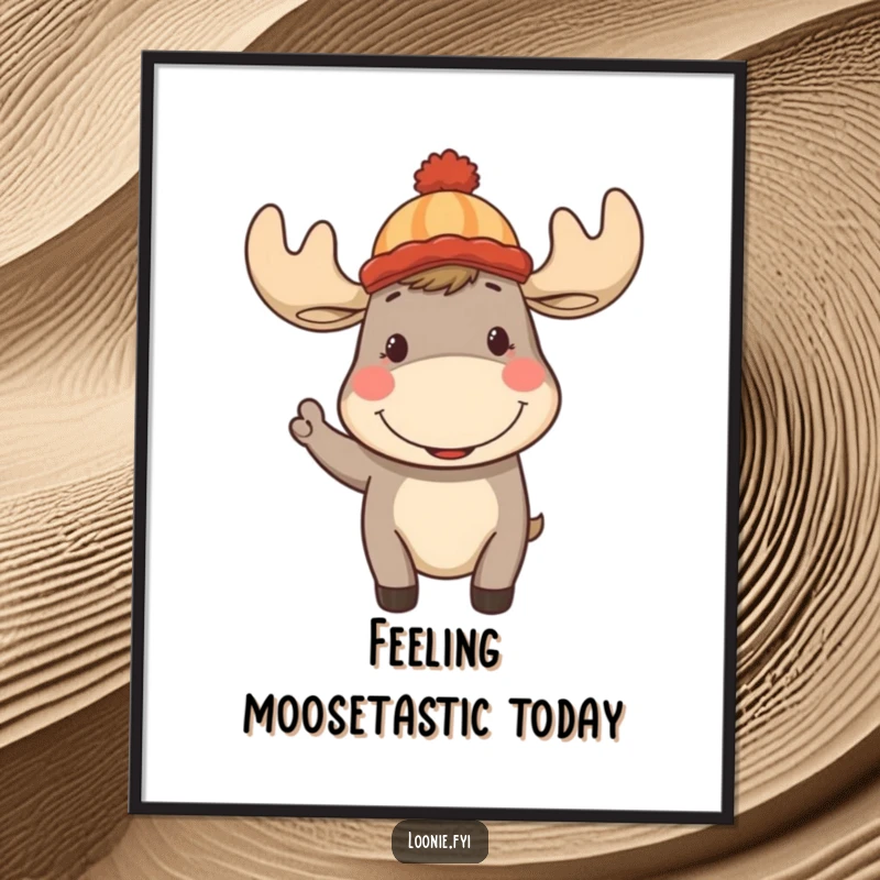 Funny Free Printable Wall Art: Cheerful moose in a toque waving, perfect for humorous downloadable DIY home decor.