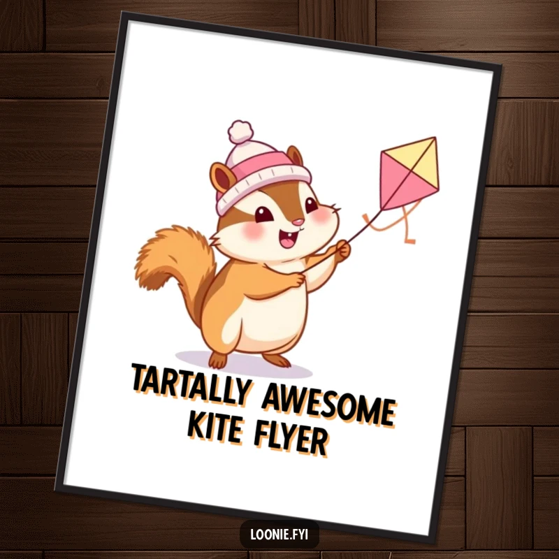 Funny Free Printable Wall Art: A cheerful chipmunk in a toque flying a kite shaped like a butter tart, bringing joy.