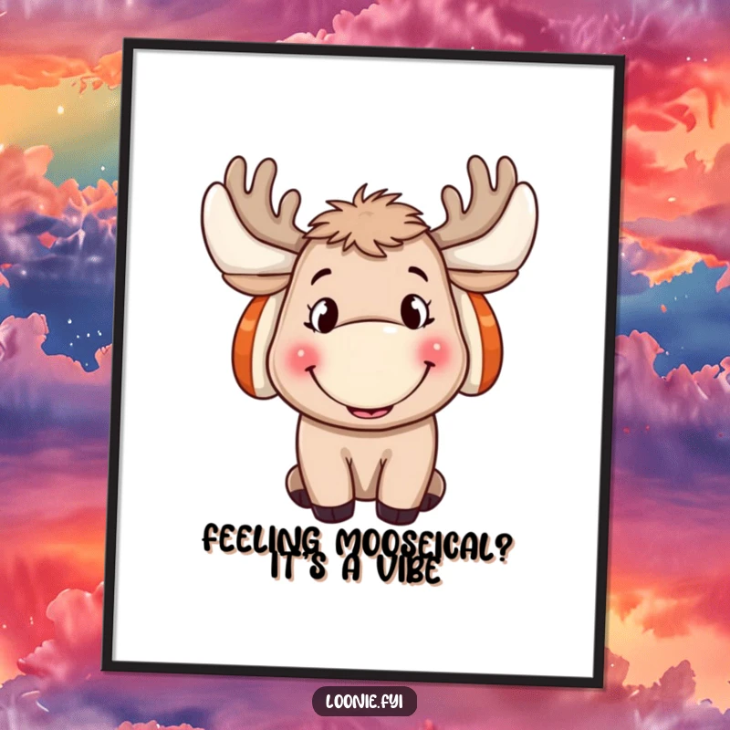 Funny Free Printable Wall Art: A moose with a big grin and ear muffs, radiating cheerful, quirky energy.