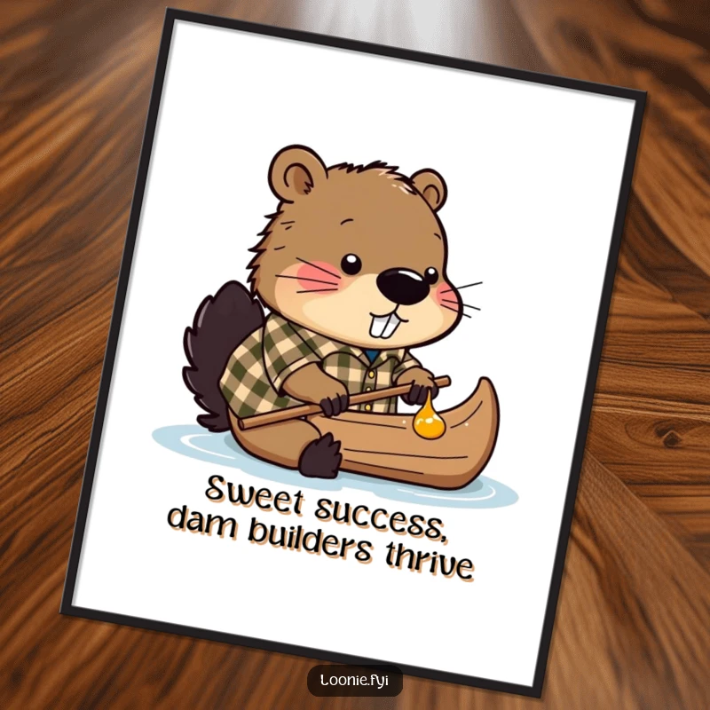 Funny Free Printable Wall Art: Beaver wearing a plaid shirt diligently works on building a canoe out of maple syrup.