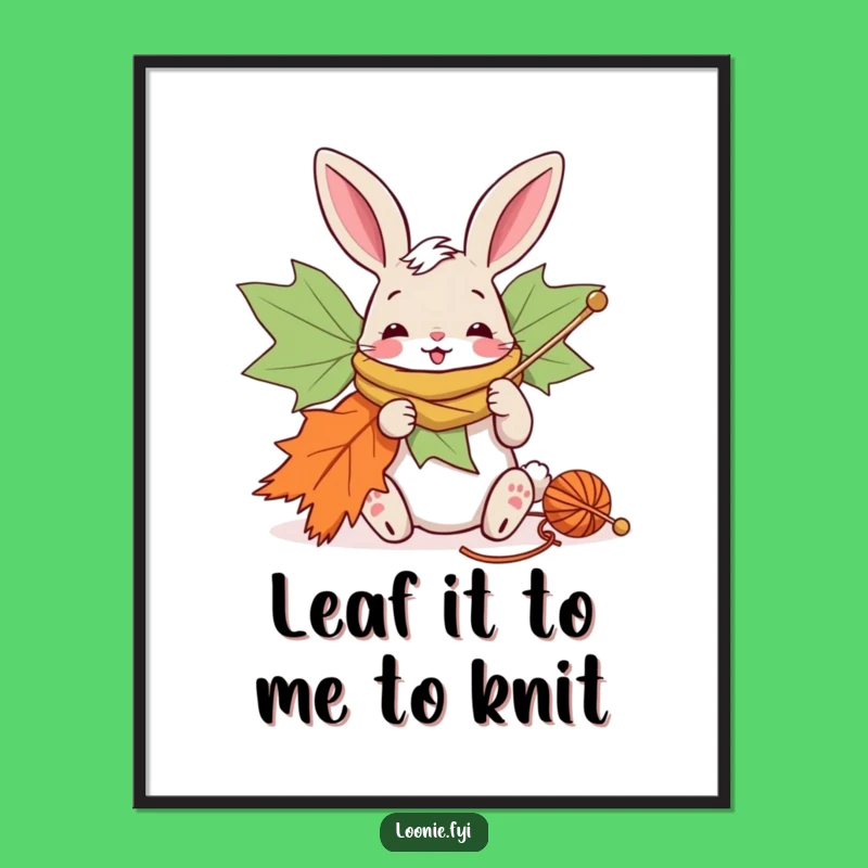 Free Printable Wall Art: Cheerful Bunny Knitting Maple Leaf - Downloadable Whimsy