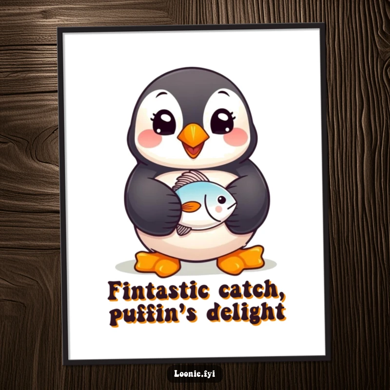 Funny Free Printable Wall Art: Cheerful puffin holding a tiny fish, wide smile, spreading joy. Whimsical downloadable decor.