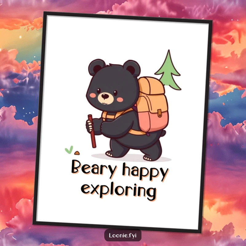 Free Printable Wall Art: A content black bear wearing a backpack gazes into the distance during a peaceful exploration.