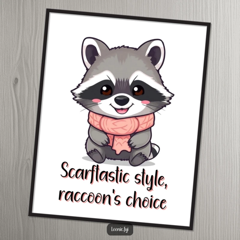 Funny Free Printable Wall Art: Grinning raccoon wearing a knitted scarf, looking charming and slightly mischievous. Cute downloadable decor.