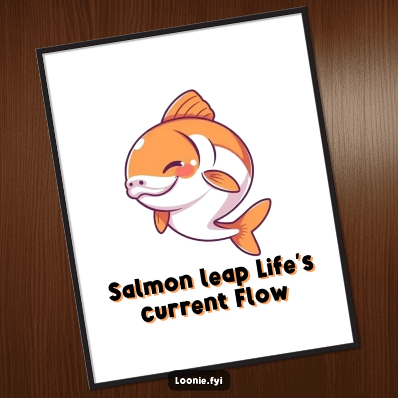 Funny Free Printable Wall Art: A determined and happy salmon mid-jump, celebrating life with energetic motion.