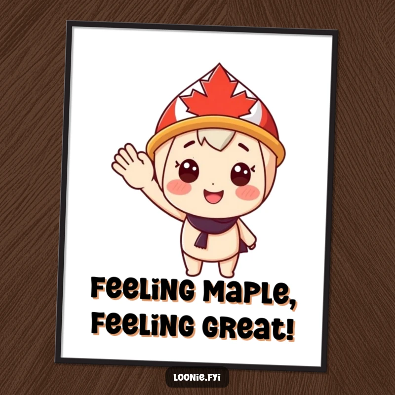 Funny Free Printable Wall Art depicting a happy character sporting a maple leaf hat and giving a comical, enthusiastic wave, perfect for patriotic humor.