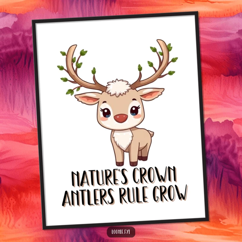 Funny Free Printable Wall Art: A proud caribou with impressive antlers adorned with delicate, vibrant green leaves, looking regal.
