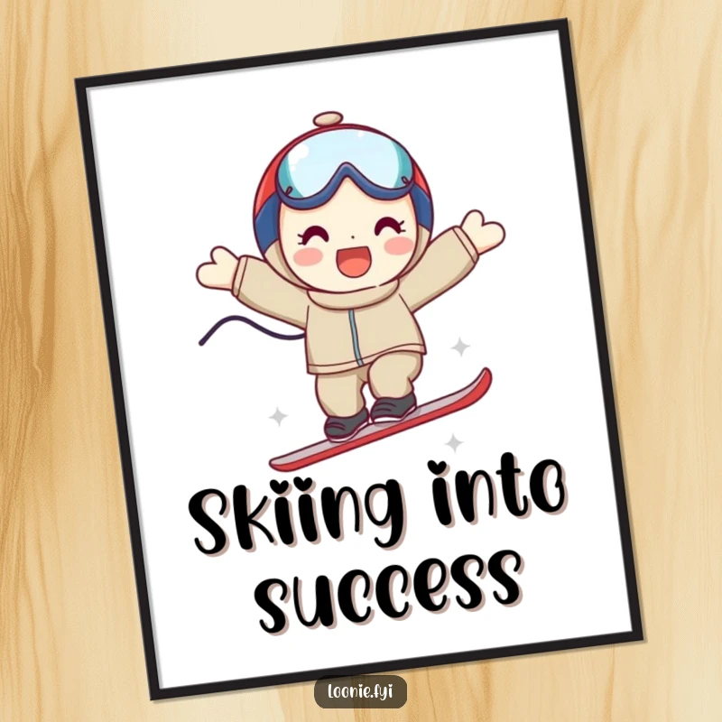 Funny Free Printable Wall Art: Playful character smiles mid-ski jump, a triumphant and downloadable piece for thrill-seekers.