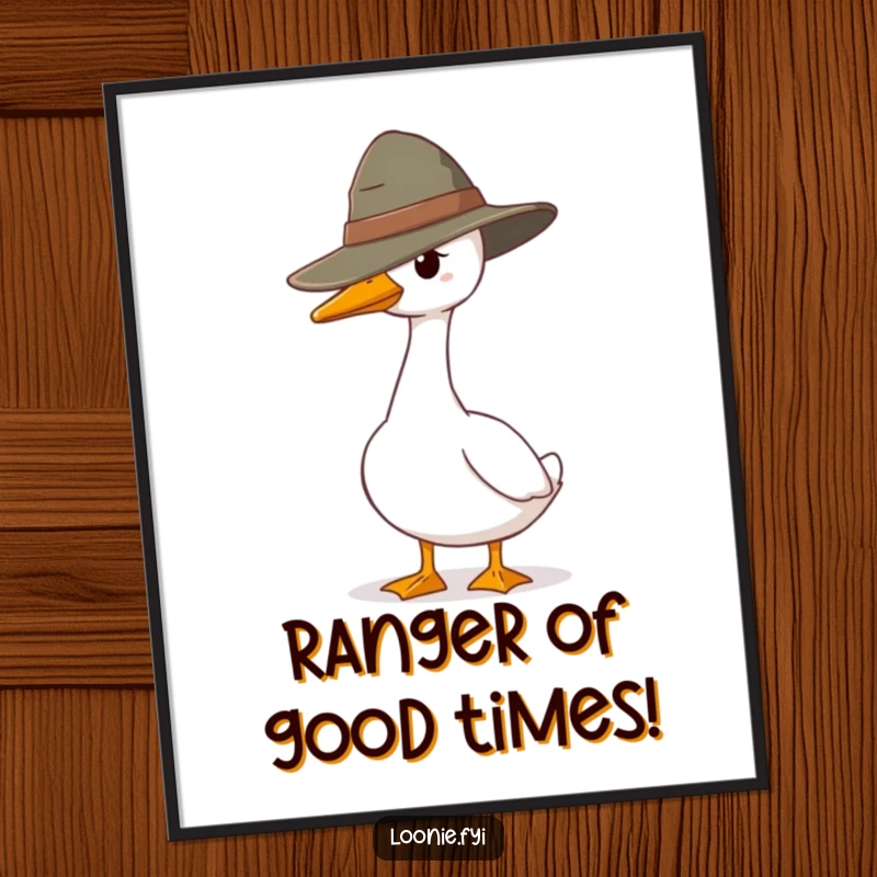 Funny Free Printable Wall Art: A goose in a ranger hat standing guard with a determined, serious expression.