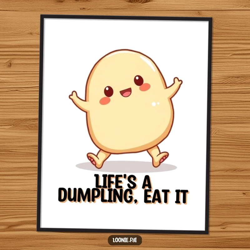 Funny free printable wall art featuring a cheerful perogy comically tripping over its own doughy feet, a humorous decoration.