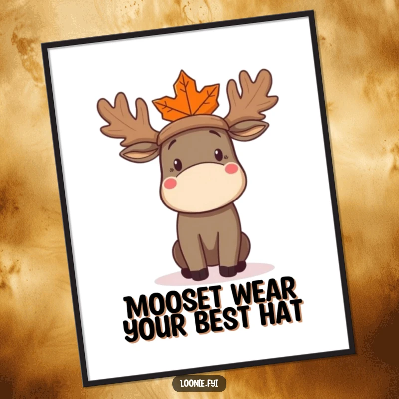 Funny Free Printable Wall Art: A confused moose looking utterly baffled while trying to style a large maple leaf as a hat.