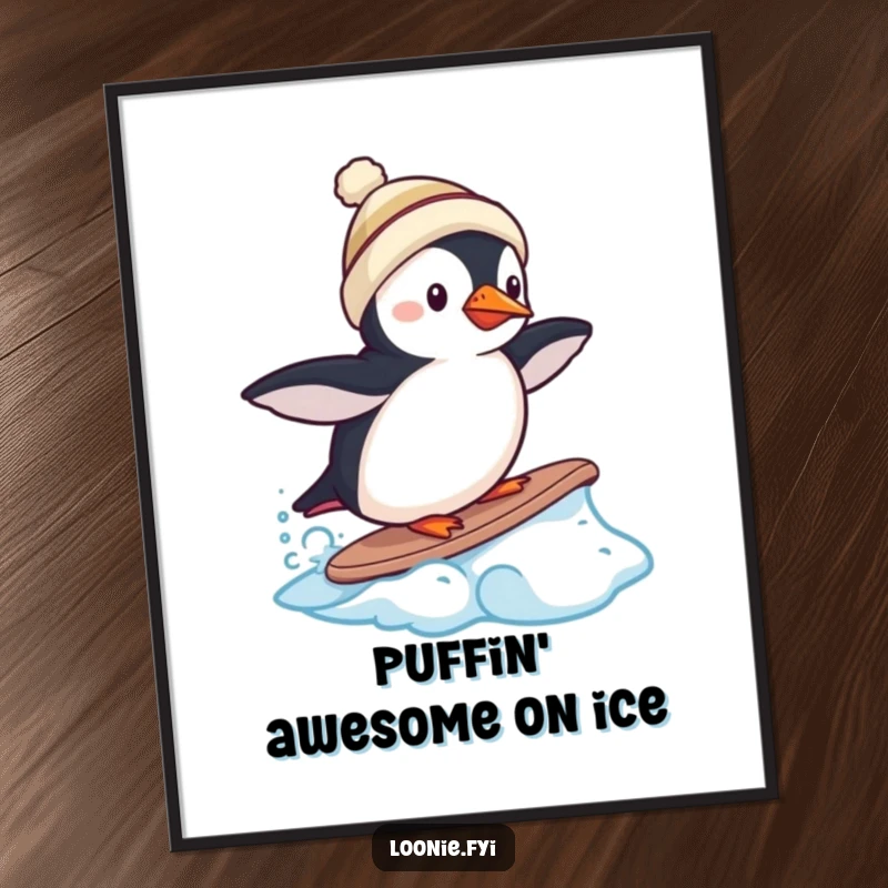 Funny Free Printable Wall Art: Tiny puffin in miniature toque confidently surfs a frozen wave, a hilarious arctic scene.
