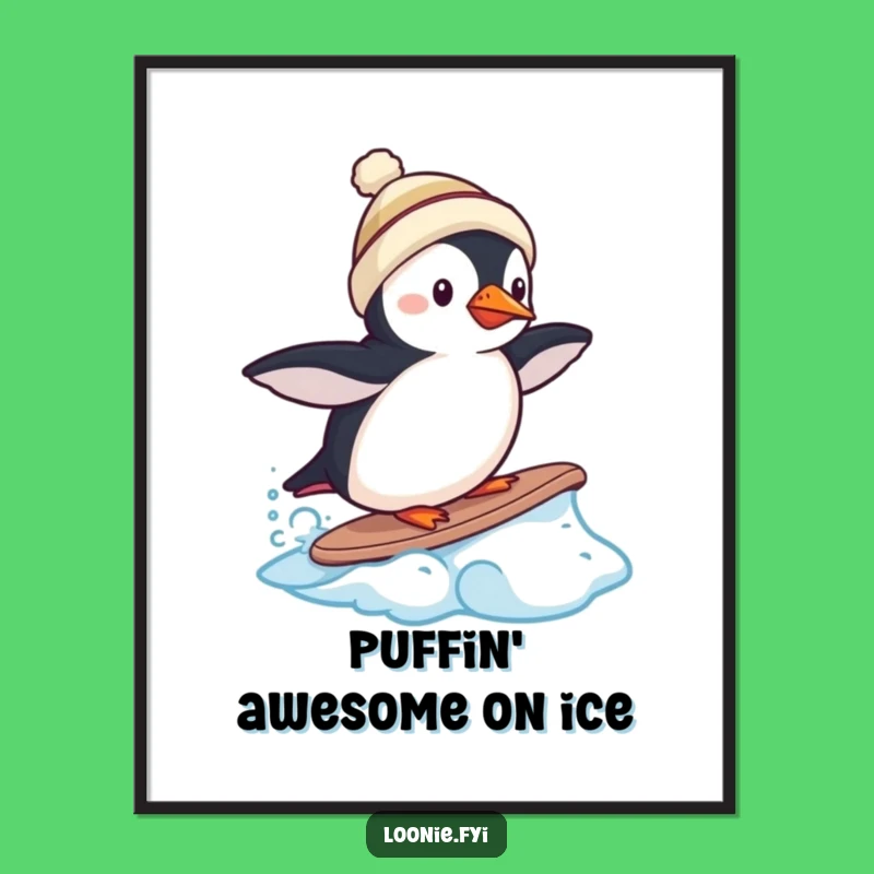 Funny Free Printable Wall Art: Puffin Surfing Frozen Wave - Downloadable Cool Decor