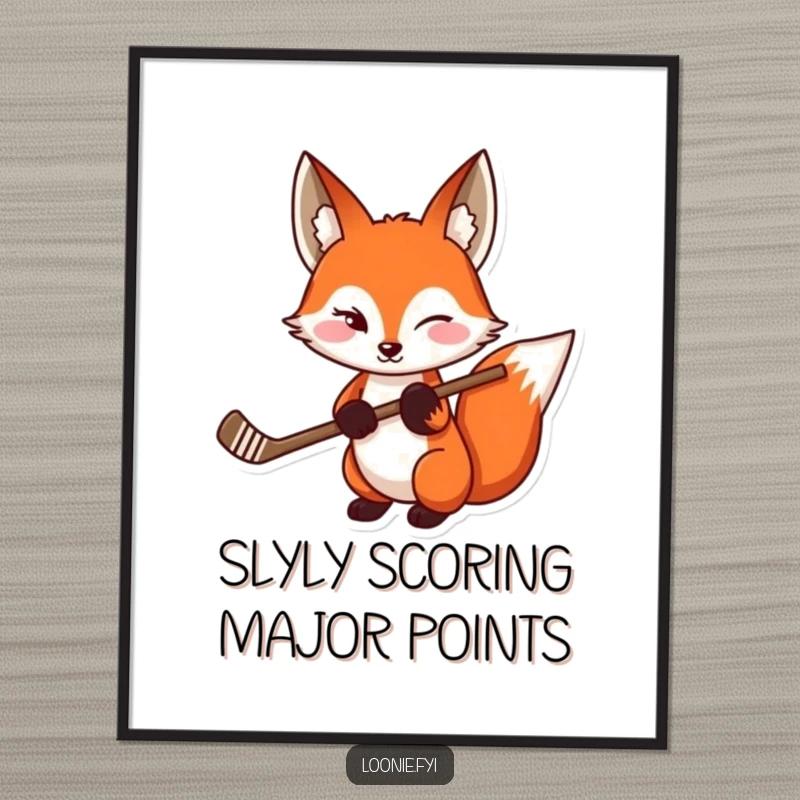 Funny Free Printable Wall Art: A red fox with a hockey stick gives a playful wink, embodying sports spirit.