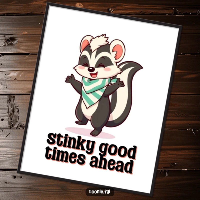 Funny Free Printable Wall Art: A playful skunk in a stripey bandana is captured mid-happy dance, radiating pure fun.