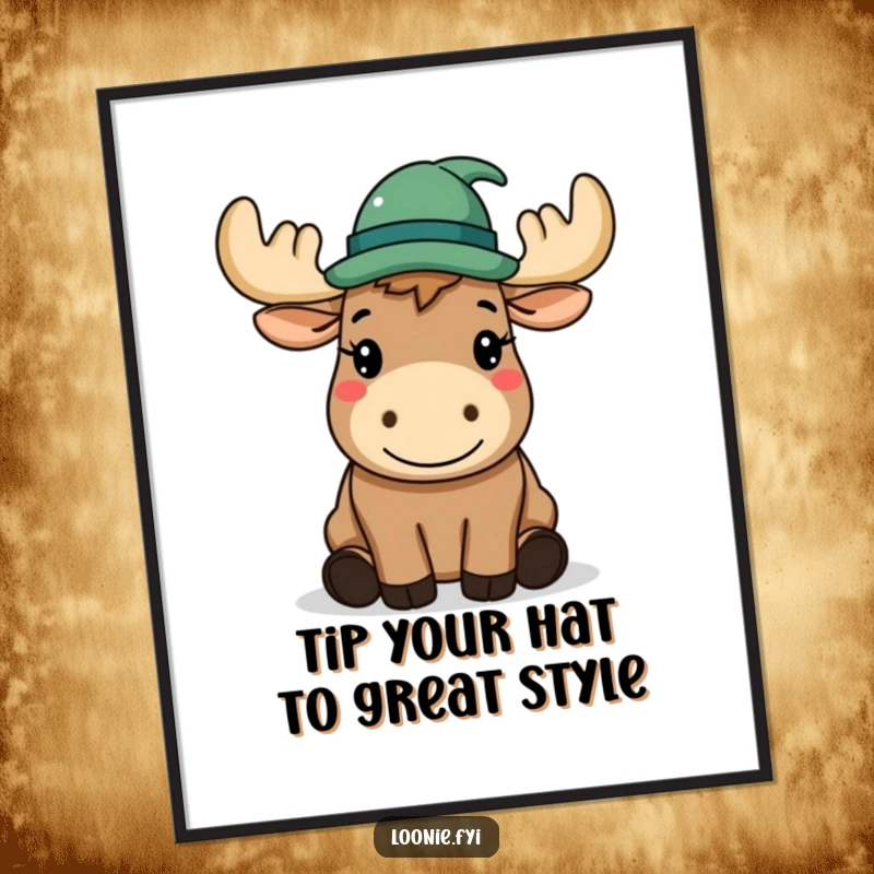 Funny Free Printable Wall Art: A happy moose wearing a hat politely tips it with distinguished grace.