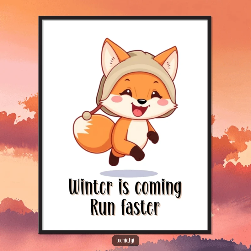 Funny Free Printable Wall Art: A happy fox in a trapper hat, running with glee, adding a humorous touch to any room.