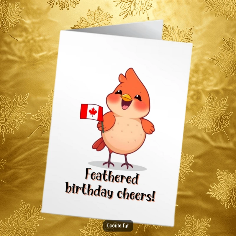 Funny Free Printable Birthday Card: Delighted cardinal wearing a Canadian flag chirping, ideal for a downloadable DIY gift.