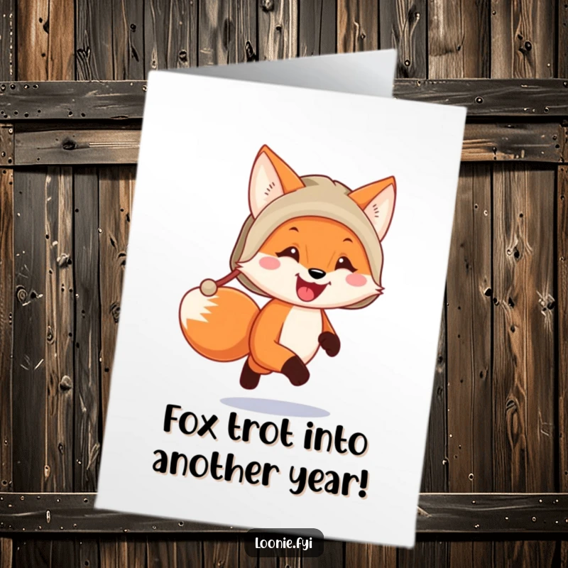 Funny Free Printable Birthday Card featuring a happy fox in a trapper hat, running joyfully, perfect for a humorous DIY greeting.