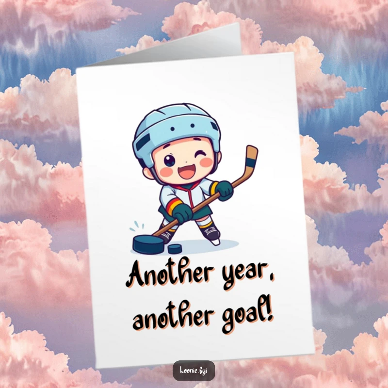 Funny Free Printable Birthday Card shows a jubilant character playing hockey with a puck, ready to celebrate.