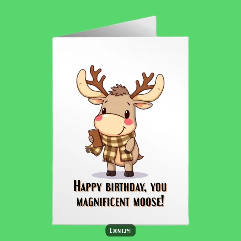 Free Printable Birthday Card: Funny Moose Antlers Scarf Browsing Downloadable Gift