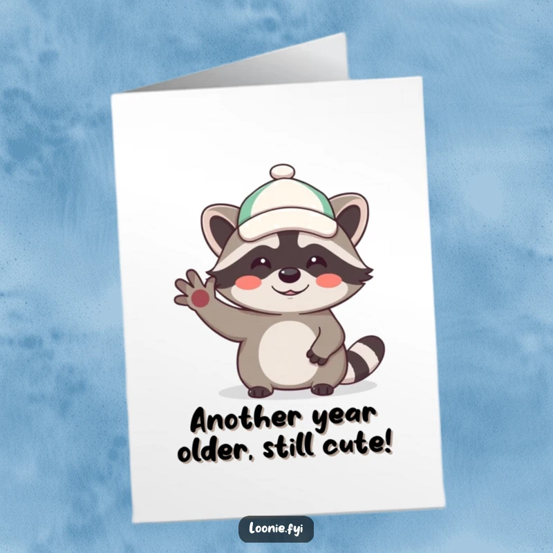 Funny Free Printable Birthday Card: A giggling raccoon in a tiny cap waves hello enthusiastically, spreading birthday cheer.
