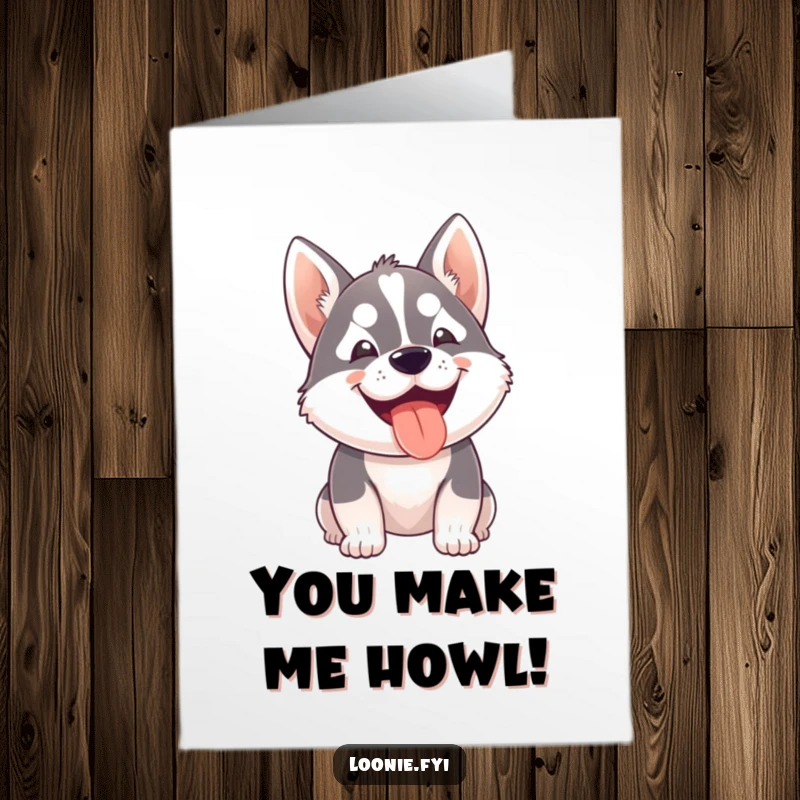 Funny Free Printable Birthday Card: Small husky dog eagerly panting with a huge happy grin, perfect for birthdays.
