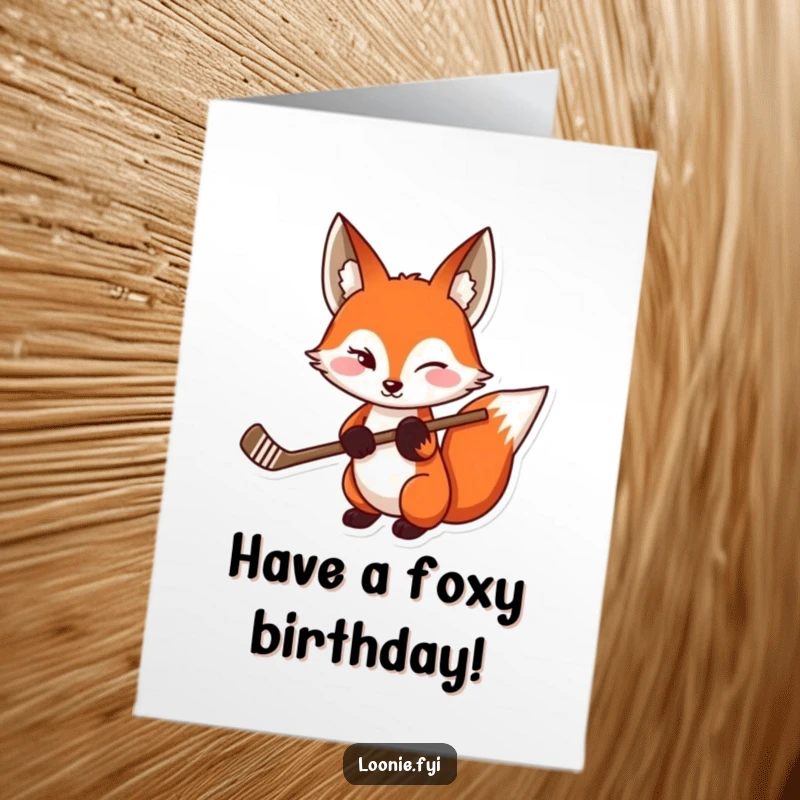 Funny Free Printable Birthday Card: A red fox winks playfully while holding a hockey stick, ready to party.