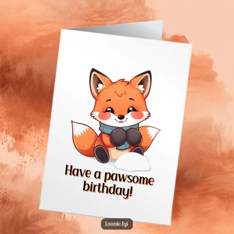 Funny Free Printable Fox Birthday Card featuring a smiling red fox in mittens, joyfully playing in the snow, perfect for winter birthdays.
