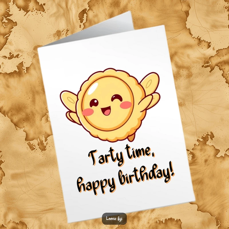 Funny free printable birthday card showing a smiling butter tart character attempting to fly with cookie wings, full of optimism.