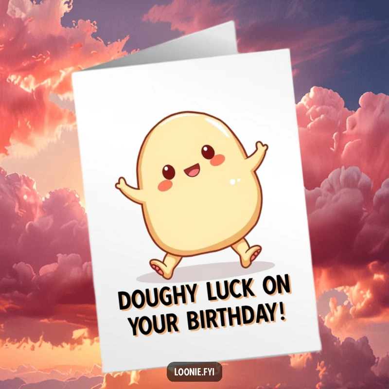 Funny free printable birthday card of a cheerful perogy comically tripping over its doughy feet, looking surprised.