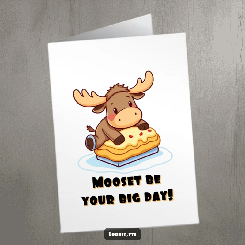 Funny Free Printable Birthday Card: A clumsy moose hilariously ice skating on a giant poutine, spreading birthday cheer.