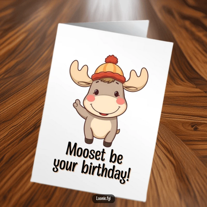 Funny Free Printable Birthday Card: Cheerful moose in a toque waving happily, perfect for a downloadable DIY funny gift.
