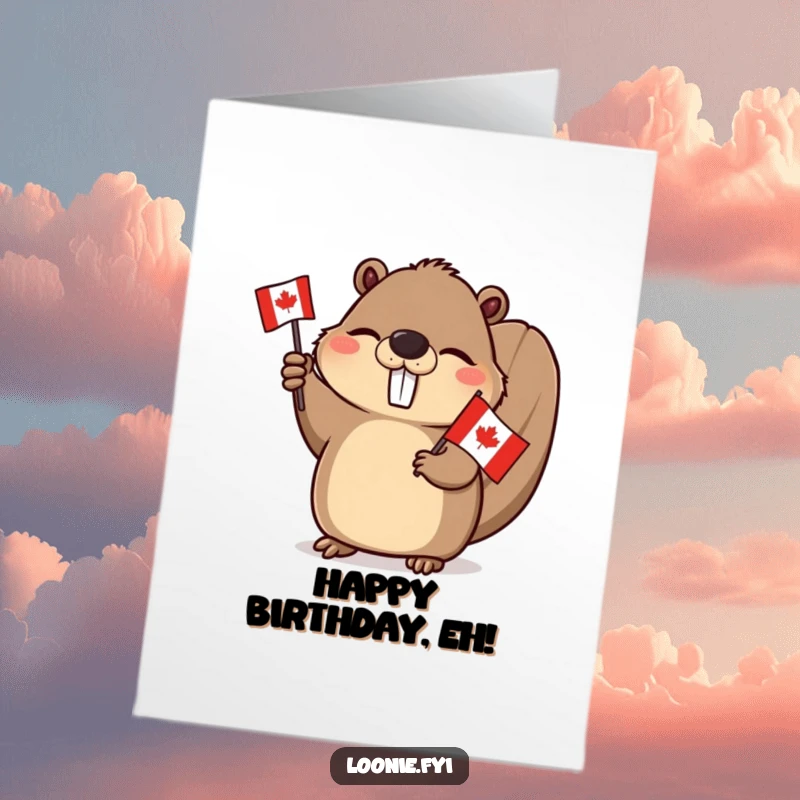 Funny Free Printable Birthday Card: Winking beaver enthusiastically waving a small Canadian flag. Humorous downloadable birthday art.