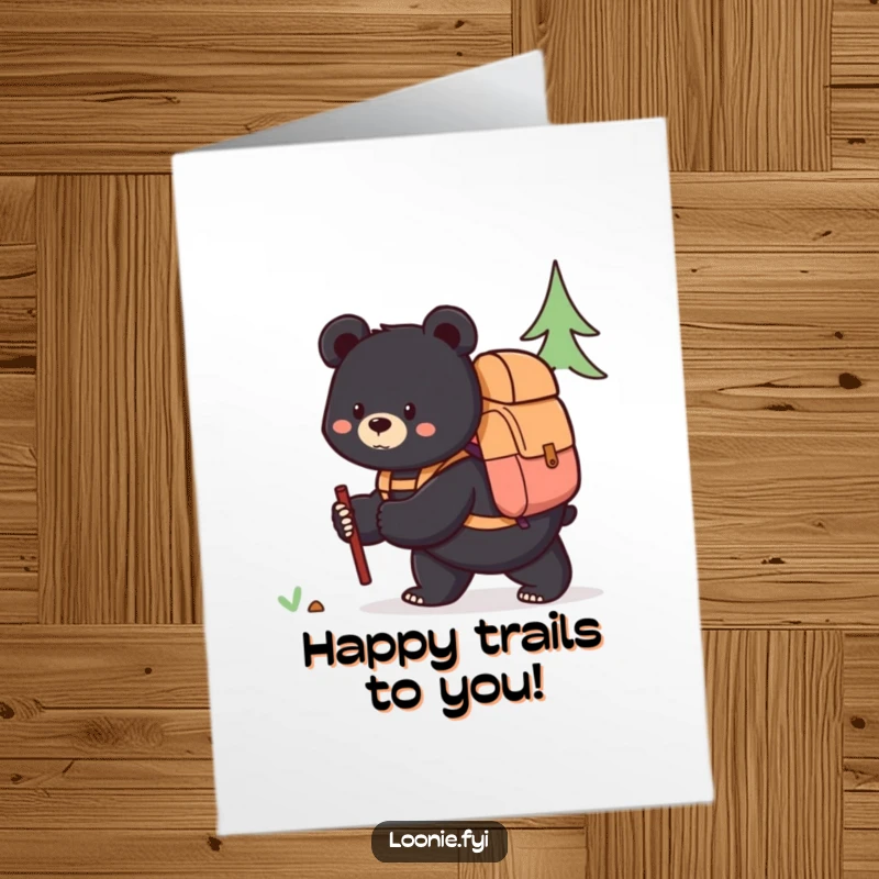 Free Printable Birthday Card: A content black bear with a backpack looks curiously ahead, ready for birthday adventures.