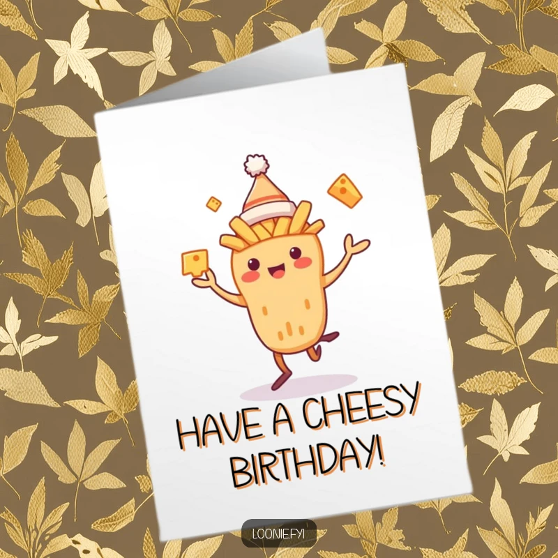 Funny Free Printable Birthday Card: A happy poutine creature wearing a toque, joyfully juggling cheese curds.
