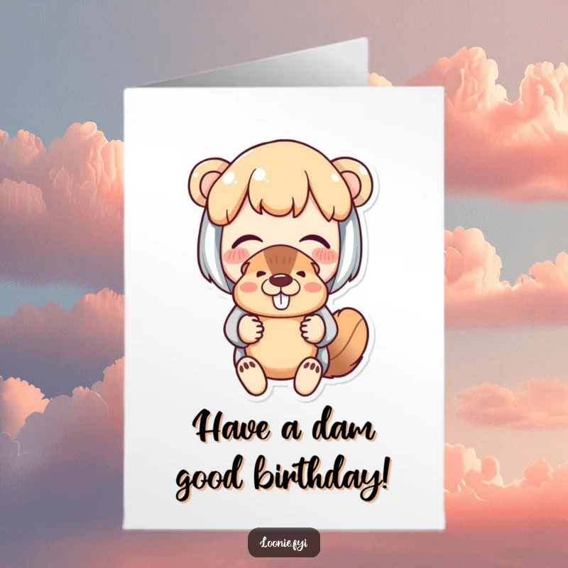 Funny Free Printable Birthday Card shows a delighted character holding a beaver puppet with fond amusement, celebrating joy.