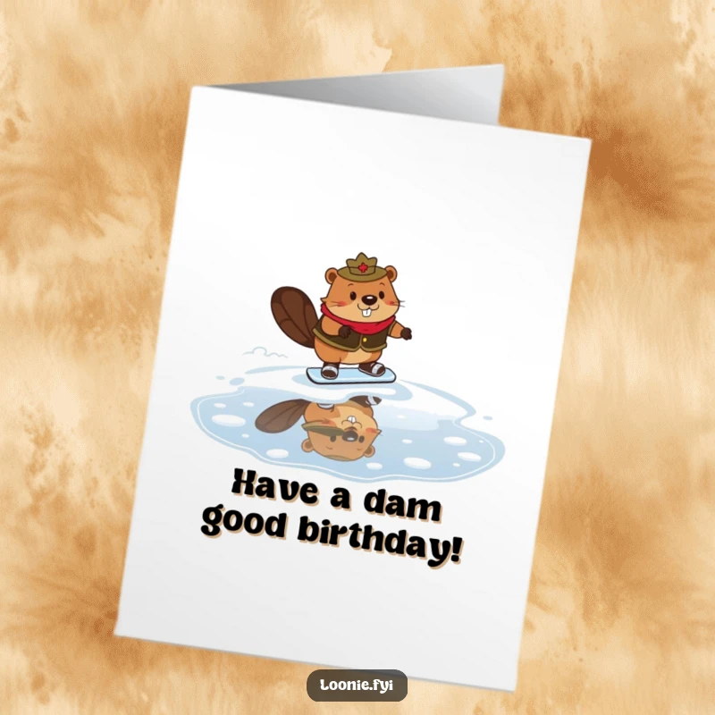 Funny Free Printable Birthday Card: A beaver in a Mountie uniform hilariously attempts maple syrup-skating on ice.