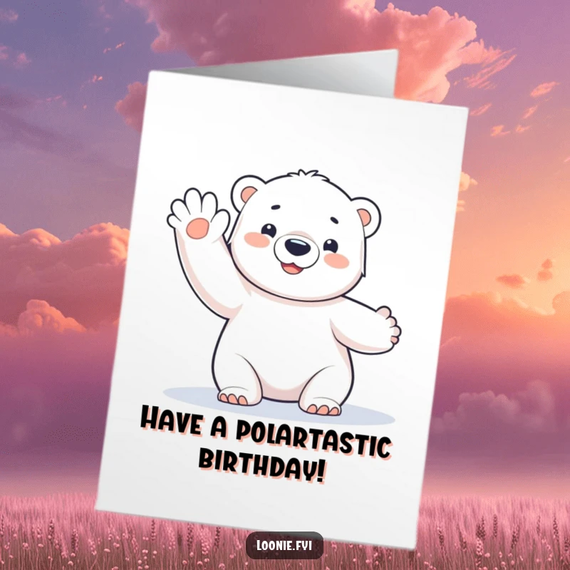 Funny Free Printable Birthday Card: A cute polar bear cub happily waves a frosty paw, spreading birthday joy.