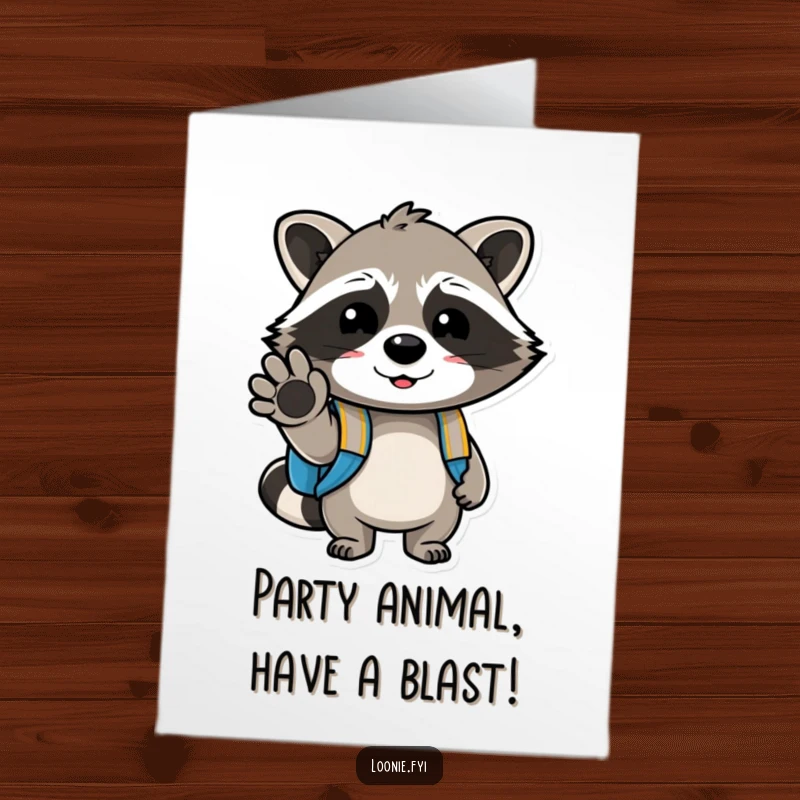 Funny Free Printable Birthday Card: Cheerful raccoon with backpack winks, ready for a fun-filled celebration and a memorable gift.