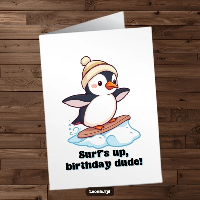 Funny Free Printable Birthday Card: Tiny puffin in miniature toque attempts to surf a frozen wave, embracing the cold.